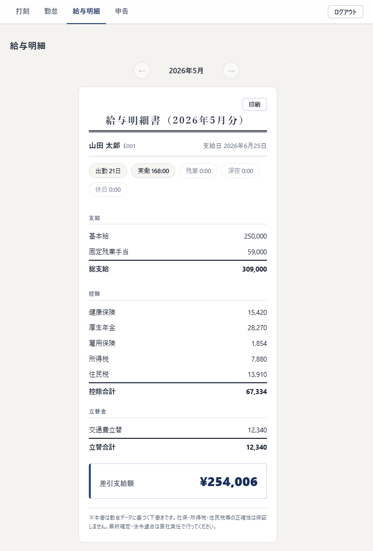 従業員の給与明細画面。支給・控除・立替金の内訳と差引支給額が縦に並んでいる